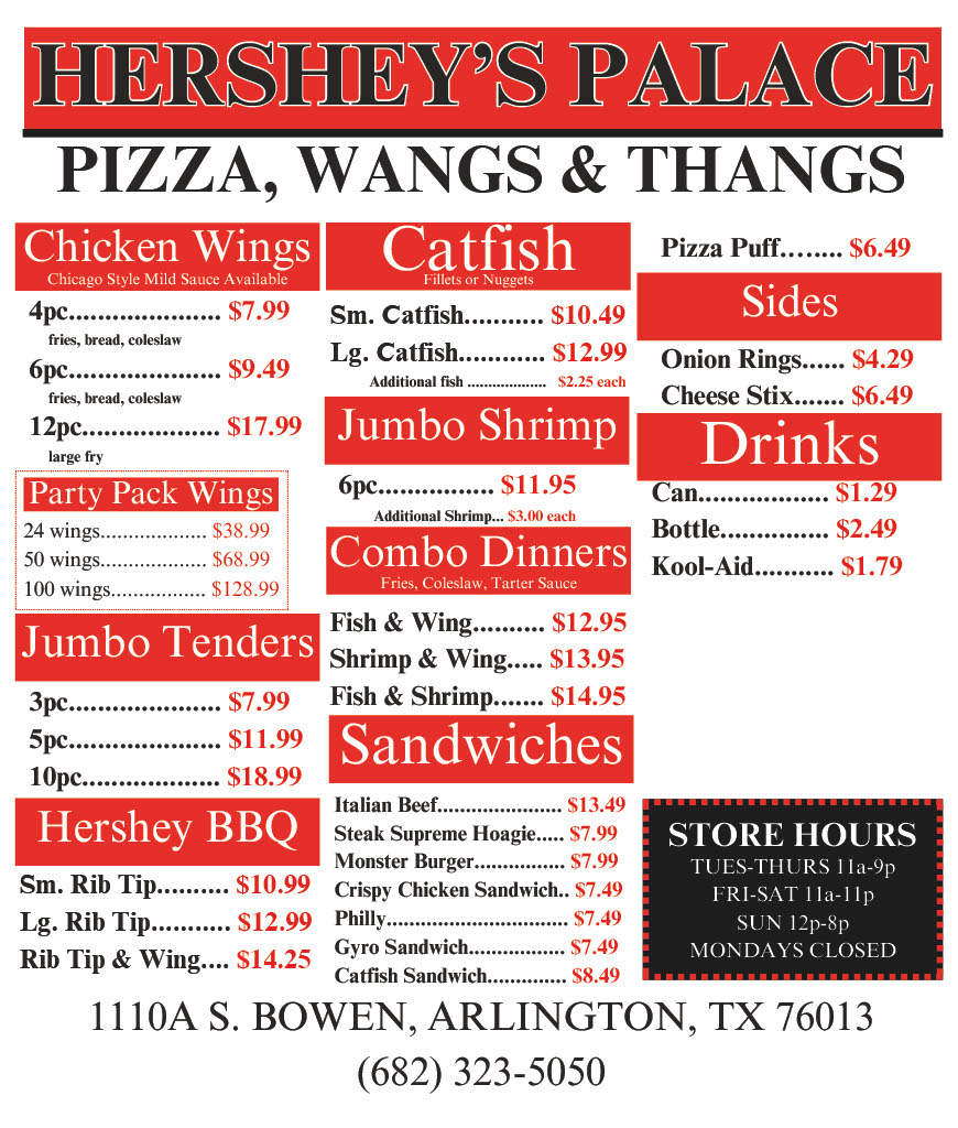Hersey's Palace Menu